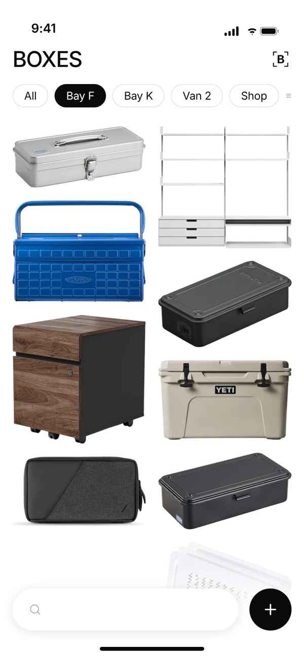 Bins and toolboxes sorted by bay and van