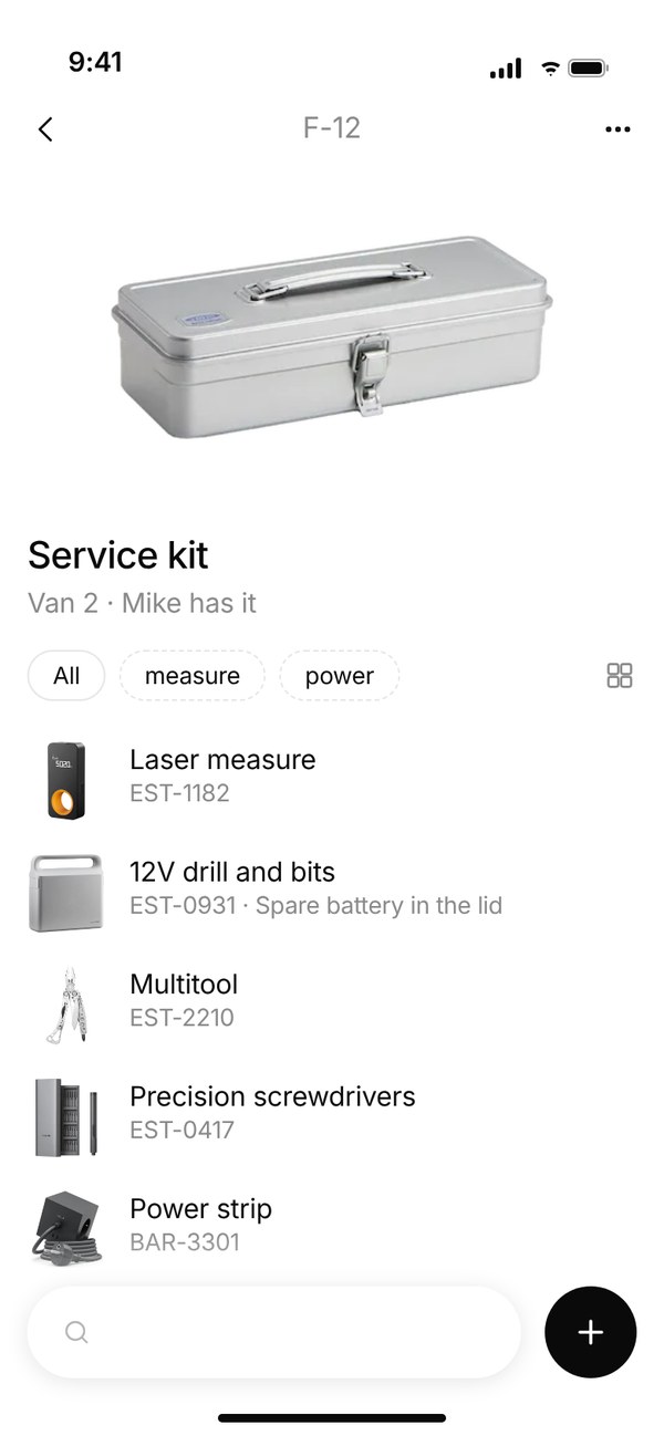 A service kit with part numbers, checked out to Mike